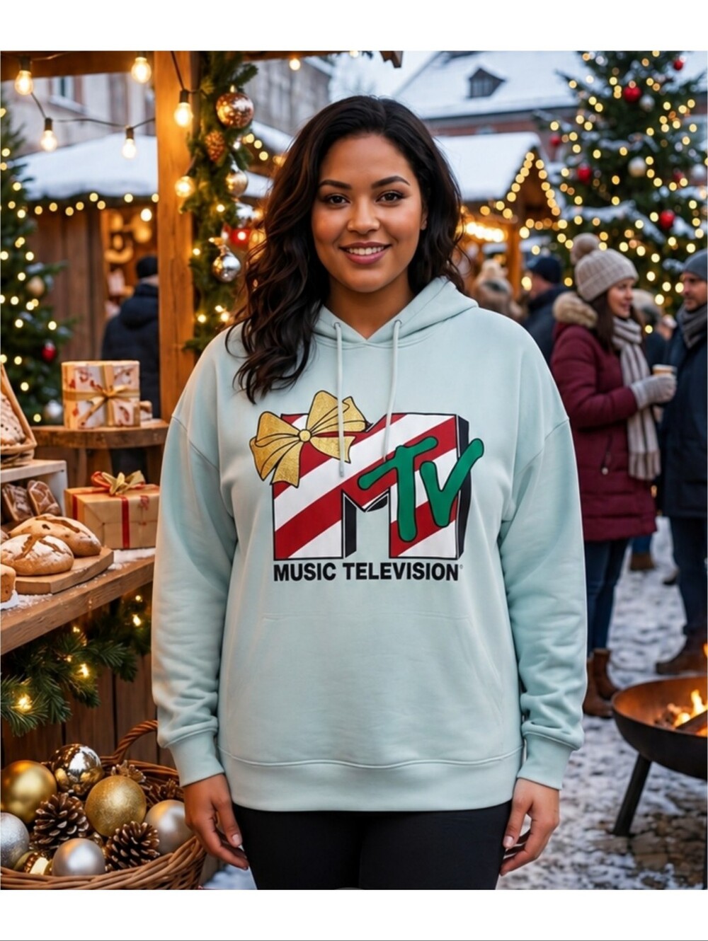 MTV Holiday Hooded Graphic pullover sweatshirt Aqua Green Size XXL